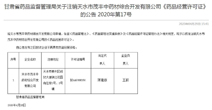 甘肅省藥監(jiān)局核準注銷天水茂豐藥品經營許可證
