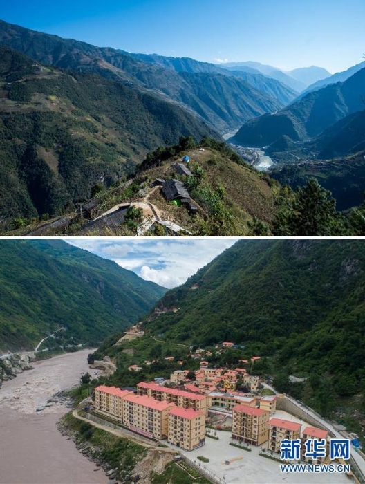 拼版照片：上圖是云南福貢縣匹河鄉(xiāng)托坪村一景（2016年11月25日攝）；下圖是搬遷到怒江邊的托坪村五湖易地扶貧搬遷安置點(diǎn)新村（2019年6月25日攝，無(wú)人機(jī)照片）。 新華社記者 胡超 攝