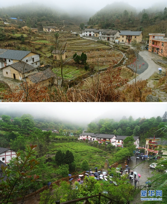 　△拼版照片：上圖為2016年1月31日拍攝的井岡山市茅坪鎮(zhèn)神山村；下圖為游客在井岡山市茅坪鎮(zhèn)神山村游覽參觀（2021年4月26日攝）。新華社記者 萬象 攝