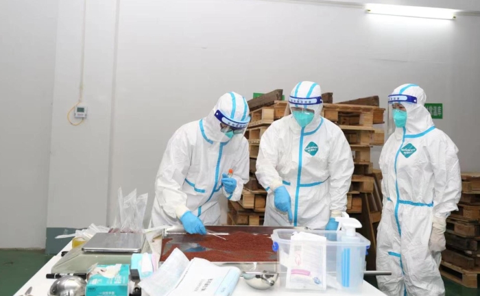 抽樣人員正在對(duì)所抽樣品進(jìn)行核酸檢測(cè)取樣（陳淑賢 攝）