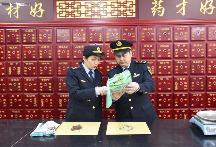 圖為開封市市場監(jiān)管部門執(zhí)法人員在一家藥品經(jīng)營企業(yè)檢查中藥飲片質(zhì)量、標簽標識情況。